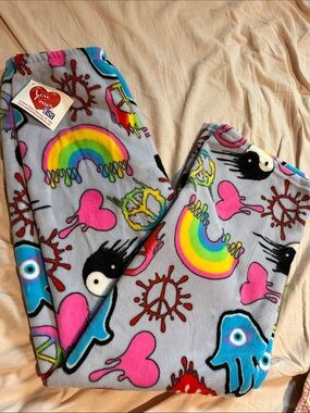 Kids Fleece Pajama Pants - Rainbow & Heart Print - Gray